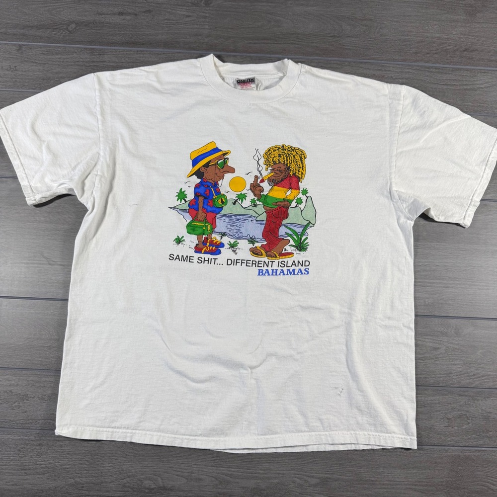 Oneita T-Shirt XXL White Vintage Bahamas Same Shit Different Island Graphic Tee